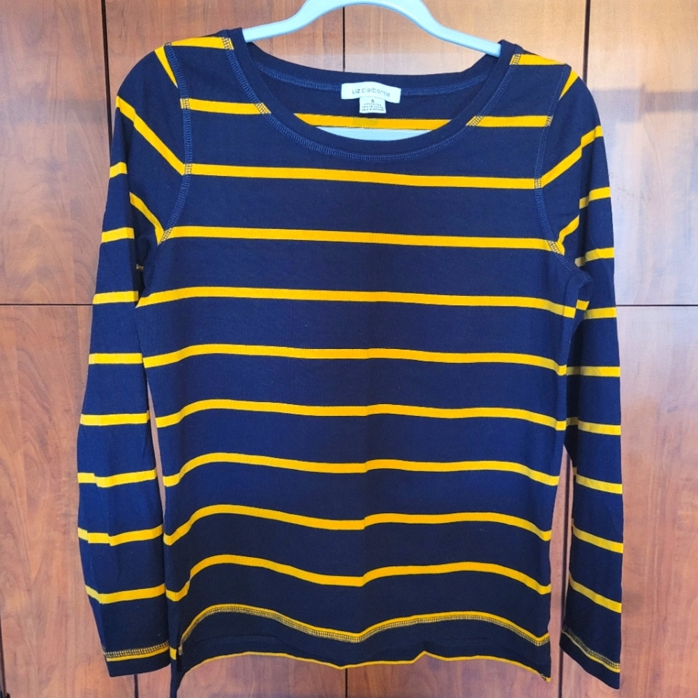 Liz Claiborne navy blue and mustard striped shirt size Small